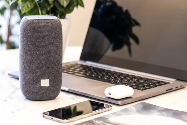 A portable speaker with built-in smart intelligence. Musical column. Marble table, work atmosphere, laptop, green flower, coffee cup. Morning sunlight.