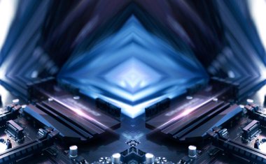 Soyut neon teknoloji geçmişi. Işık tüneli, ışınlar. Mühendislik programlama, simetrik yansıma.