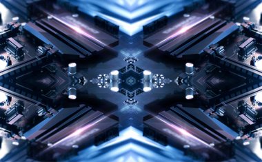 Soyut neon teknoloji geçmişi. Işık tüneli, ışınlar. Mühendislik programlama, simetrik yansıma.