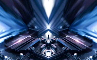 Soyut neon teknoloji geçmişi. Işık tüneli, ışınlar. Mühendislik programlama, simetrik yansıma.