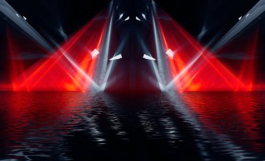 Soyut karanlık modern fütüristik arka plan, kırmızı neon ışığı, ışıklar ve spot ışıkları. Sudaki gece lambalarının yansıması. Işık tüneli, neon ışık. Boş gece sahnesi. 3B illüstrasyon.