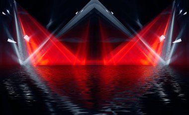 Soyut karanlık modern fütüristik arka plan, kırmızı neon ışığı, ışıklar ve spot ışıkları. Sudaki gece lambalarının yansıması. Işık tüneli, neon ışık. Boş gece sahnesi. 3B illüstrasyon.