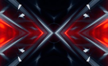 Soyut karanlık modern fütüristik arka plan, kırmızı neon ışığı, ışıklar ve spot ışıkları. Sudaki gece lambalarının yansıması. Işık tüneli, neon ışık. Boş gece sahnesi. 3B illüstrasyon.