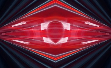 Soyut karanlık modern fütüristik arka plan, kırmızı neon ışığı, ışıklar ve spot ışıkları. Sudaki gece lambalarının yansıması. Işık tüneli, neon ışık. Boş gece sahnesi. 3B illüstrasyon.