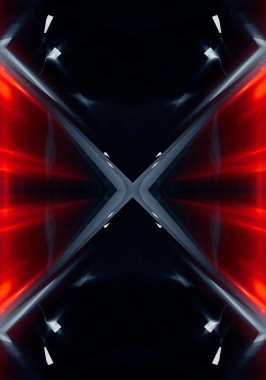 Soyut karanlık modern fütüristik arka plan, kırmızı neon ışığı, ışıklar ve spot ışıkları. Sudaki gece lambalarının yansıması. Işık tüneli, neon ışık. Boş gece sahnesi. 3B illüstrasyon.