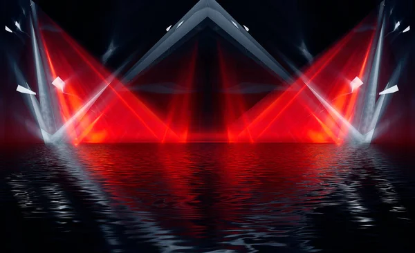 Streszczenie Ciemnego Nowoczesnego Futurystycznego Tła Czerwonym Neonem Wiązkami Reflektorami Odbicie — Zdjęcie stockowe