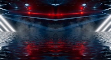 Soyut karanlık modern fütüristik arka plan, kırmızı neon ışığı, ışıklar ve spot ışıkları. Simetrik yansıma. Işık tüneli, neon ışık. Boş gece sahnesi.
