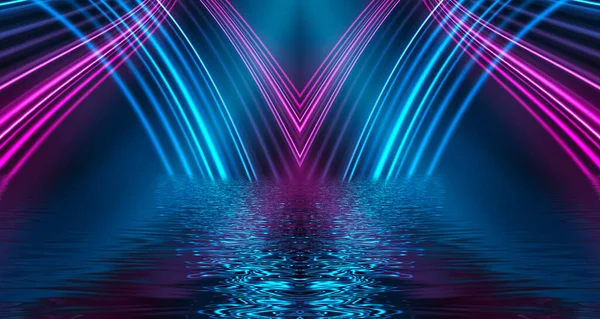 Light neon effect, energy waves on a dark abstract background with neon light, rays. Reflection on the water. 3d illustration.