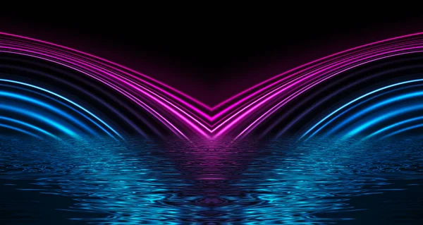 Light neon effect, energy waves on a dark abstract background with neon light, rays. Reflection on the water. 3d illustration.