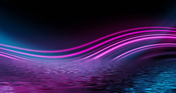 Light neon effect, energy waves on a dark abstract background with neon light, rays. Reflection on the water. 3d illustration.