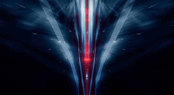Abstract dark modern futuristic background with red neon light, beams and spotlights. Symmetrical reflection. Light tunnel, neon light. Empty night scene.
