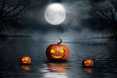 Karanlık, kasvetli arka plan, parlayan gözlü balkabağı, suya yansıyor. Kutlama için arka plan, mesaj için yer. 3d illüstrasyon.