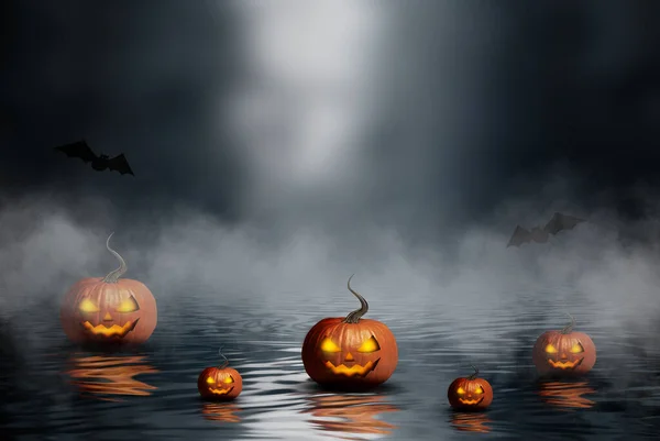 Fondo Oscuro Sombrío Con Calabaza Con Ojos Brillantes Reflejado Agua — Foto de Stock