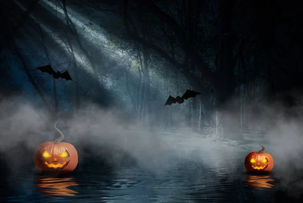Dark Gloomy Background Pumpkin Glowing Eyes Reflected Water Background Festive — Stock Photo, Image