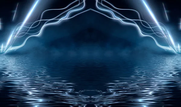 Абстрактний Темний Футуристичний Синій Нічний Фон Промені Лінії Блискавки Вогні — стокове фото