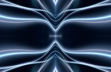 Soyut koyu fütüristik mavi gece arkaplanı. Işınlar ve çizgiler, şimşekler, ışıklar. Mavi neon ışığı, suda simetrik yansıma, enerji. 3B illüstrasyon.