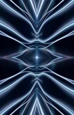 Soyut koyu fütüristik mavi gece arkaplanı. Işınlar ve çizgiler, şimşekler, ışıklar. Mavi neon ışığı, suda simetrik yansıma, enerji. 3B illüstrasyon.