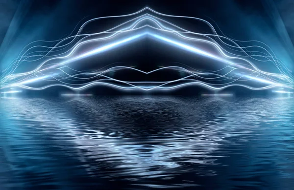 摘要深蓝色夜色背景 蓝色霓虹灯 对称反射水 3D插图 — 图库照片