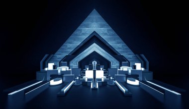 Modern fütüristik koyu mavi arka plan, parlayan üçgen, çizgiler ve ışınlar, neon ışık tüneli, karanlık sahne ışıkları, mikro devre. 3B illüstrasyon