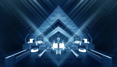 Modern fütüristik koyu mavi arka plan, parlayan üçgen, çizgiler ve ışınlar, neon ışık tüneli, karanlık sahne ışıkları, mikro devre. 3B illüstrasyon