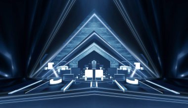 Modern fütüristik koyu mavi arka plan, parlayan üçgen, çizgiler ve ışınlar, neon ışık tüneli, karanlık sahne ışıkları, mikro devre. 3B illüstrasyon