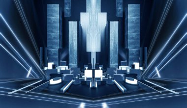 Modern fütüristik koyu mavi arka plan, parlayan üçgen, çizgiler ve ışınlar, neon ışık tüneli, karanlık sahne ışıkları, mikro devre. 3B illüstrasyon