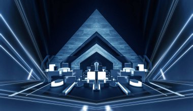 Modern fütüristik koyu mavi arka plan, parlayan üçgen, çizgiler ve ışınlar, neon ışık tüneli, karanlık sahne ışıkları, mikro devre. 3B illüstrasyon