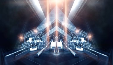 Modern fütüristik koyu mavi arka plan, parlayan üçgen, çizgiler ve ışınlar, neon ışık tüneli, karanlık sahne ışıkları, mikro devre. 3B illüstrasyon