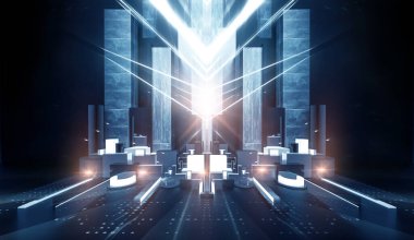 Modern fütüristik koyu mavi arka plan, parlayan üçgen, çizgiler ve ışınlar, neon ışık tüneli, karanlık sahne ışıkları, mikro devre. 3B illüstrasyon