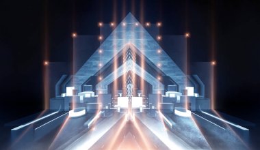 Modern fütüristik koyu mavi arka plan, parlayan üçgen, çizgiler ve ışınlar, neon ışık tüneli, karanlık sahne ışıkları, mikro devre. 3B illüstrasyon