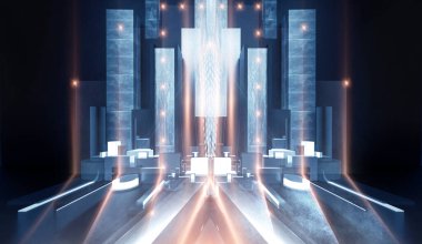 Modern fütüristik koyu mavi arka plan, parlayan üçgen, çizgiler ve ışınlar, neon ışık tüneli, karanlık sahne ışıkları, mikro devre. 3B illüstrasyon