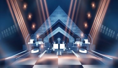 Modern fütüristik koyu mavi arka plan, parlayan üçgen, çizgiler ve ışınlar, neon ışık tüneli, karanlık sahne ışıkları, mikro devre. 3B illüstrasyon