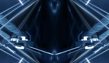 Modern fütüristik koyu mavi arka plan, parlayan üçgen, çizgiler ve ışınlar, neon ışık tüneli, karanlık sahne ışıkları, mikro devre. 3B illüstrasyon