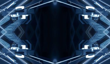 Modern fütüristik koyu mavi arka plan, parlayan üçgen, çizgiler ve ışınlar, neon ışık tüneli, karanlık sahne ışıkları, mikro devre. 3B illüstrasyon