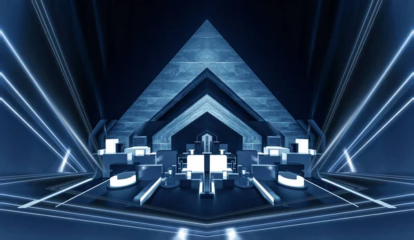 Modern fütüristik koyu mavi arka plan, parlayan üçgen, çizgiler ve ışınlar, neon ışık tüneli, karanlık sahne ışıkları, mikro devre. 3B illüstrasyon