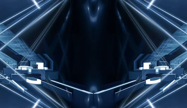 現代の未来的なダークブルーの背景 輝く三角形 線と線 ネオンライト 電気光トンネル スポットライト付きダークステージ マイクロ回路 3Dイラスト — ストック写真