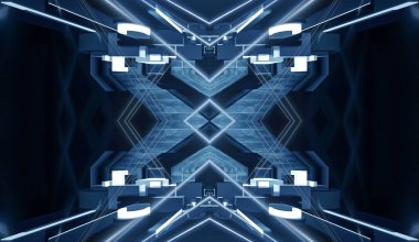 Modern fütüristik koyu mavi arka plan, parlayan üçgen, çizgiler ve ışınlar, neon ışık tüneli, karanlık sahne ışıkları, mikro devre. 3B illüstrasyon