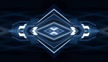 Modern fütüristik koyu mavi arka plan, parlayan üçgen, çizgiler ve ışınlar, neon ışık tüneli, karanlık sahne ışıkları, mikro devre. 3B illüstrasyon