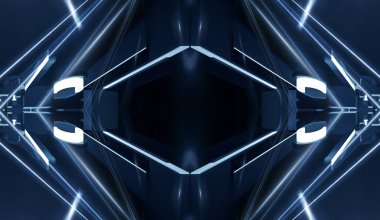 Modern fütüristik koyu mavi arka plan, parlayan üçgen, çizgiler ve ışınlar, neon ışık tüneli, karanlık sahne ışıkları, mikro devre. 3B illüstrasyon