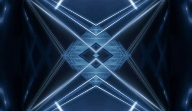 Modern fütüristik koyu mavi arka plan, parlayan üçgen, çizgiler ve ışınlar, neon ışık tüneli, karanlık sahne ışıkları, mikro devre. 3B illüstrasyon