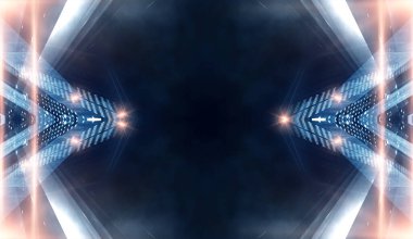 Modern fütüristik koyu mavi arka plan, parlayan üçgen, çizgiler ve ışınlar, neon ışık tüneli, karanlık sahne ışıkları, mikro devre. 3B illüstrasyon