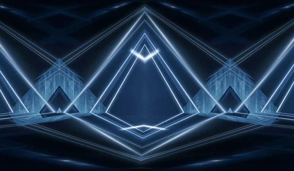 Modern futuristic dark blue background, glowing triangle, lines and rays, neon light, electric light tunnel, dark stage with spotlights, microcircuit. 3D illustration