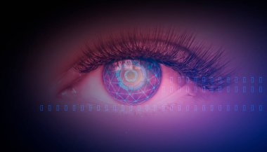 Kadın gözünün biyometrik taramasını kapat. Modern sanal gerçeklik kavramı. Neon ışığı, siber arkaplan.