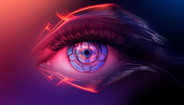 Kadın gözünün biyometrik taramasını kapat. Modern sanal gerçeklik kavramı. Neon ışığı, siber arkaplan.