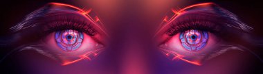 Kadın gözünün biyometrik taramasını kapat. Modern sanal gerçeklik kavramı. Neon ışığı, siber arkaplan.