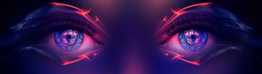Kadın gözünün biyometrik taramasını kapat. Modern sanal gerçeklik kavramı. Neon ışığı, siber arkaplan.