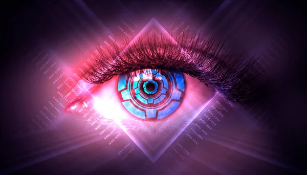 Close Biometric Scan Female Eye Concept Modern Virtual Reality Neon — Stock Photo, Image