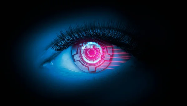 女性眼睛的近视生物扫描 现代虚拟现实的概念 霓虹灯 网络背景 — 图库照片