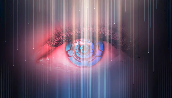 Close Biometric Scan Female Eye Concept Modern Virtual Reality Neon — Stock Photo, Image