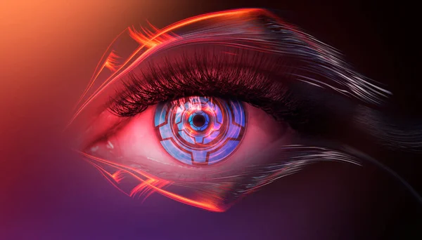 Close Biometric Scan Female Eye Concept Modern Virtual Reality Neon — Stock Photo, Image